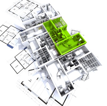 Green apartment mockup on blueprints
