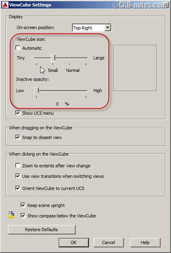 AutoCAD Viewcube settings dialoge