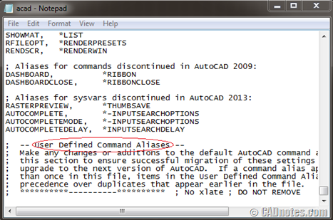 User Defined AutoCAD command aliases